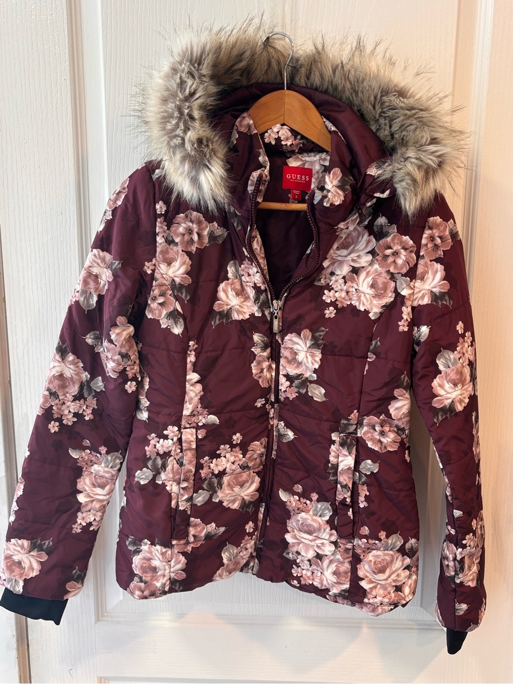 GUESS Floral Burgundy Hooded Puffer Jacket with Faux Fur Trim